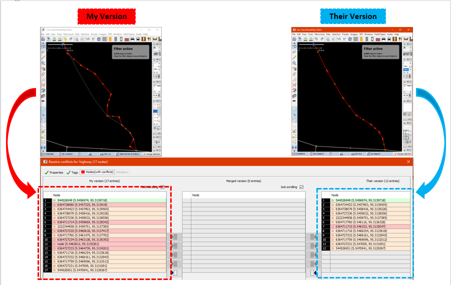 Conflicto de nodos en JOSM