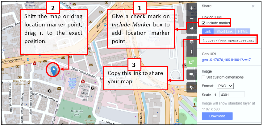 Compartir el enlace del mapa en OpenStreetMap