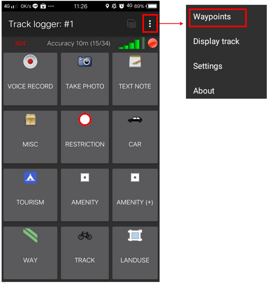 Botón para mostrar la lista de waypoints