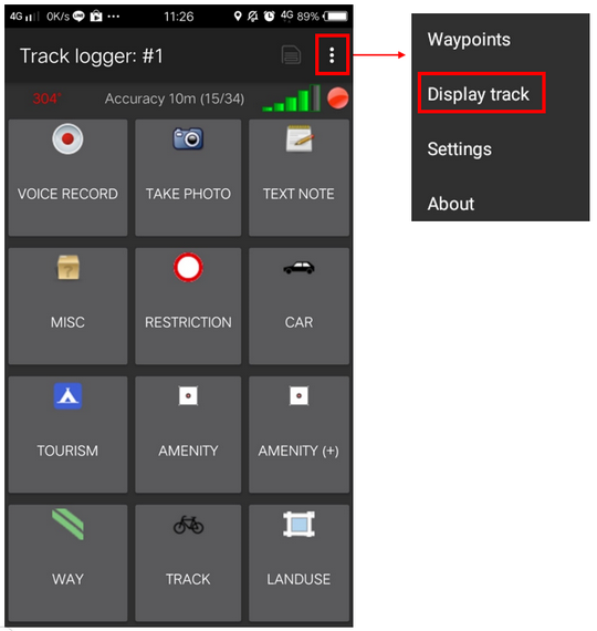 Botón Mostrar track para ver tu track y los objetos que has recogido